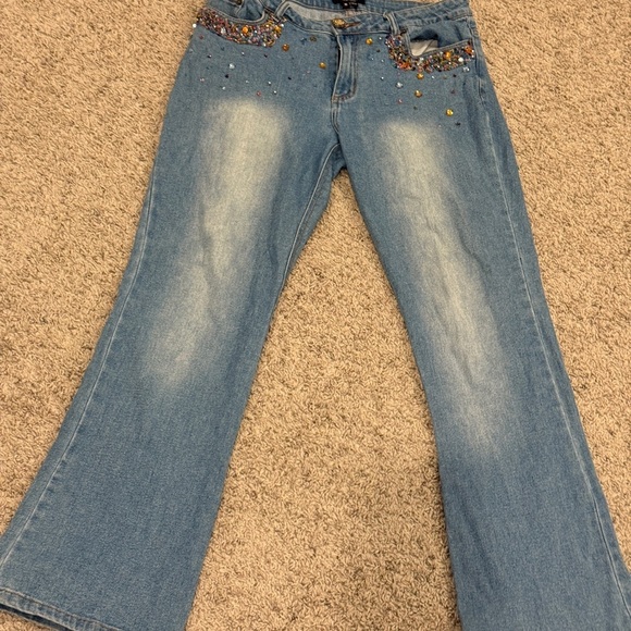 ECI New York Blue Flare Wide Leg Jeans with Distressed Detailing - Picture 1 of 8